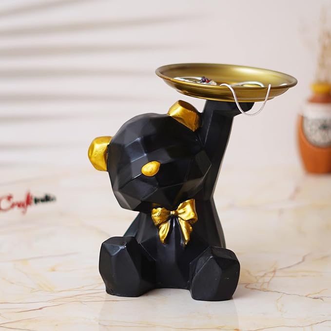 Ecraftindia Geometric Black Sitting Teddy Bear Statue Holding Tray Decorative Showpiece for Home