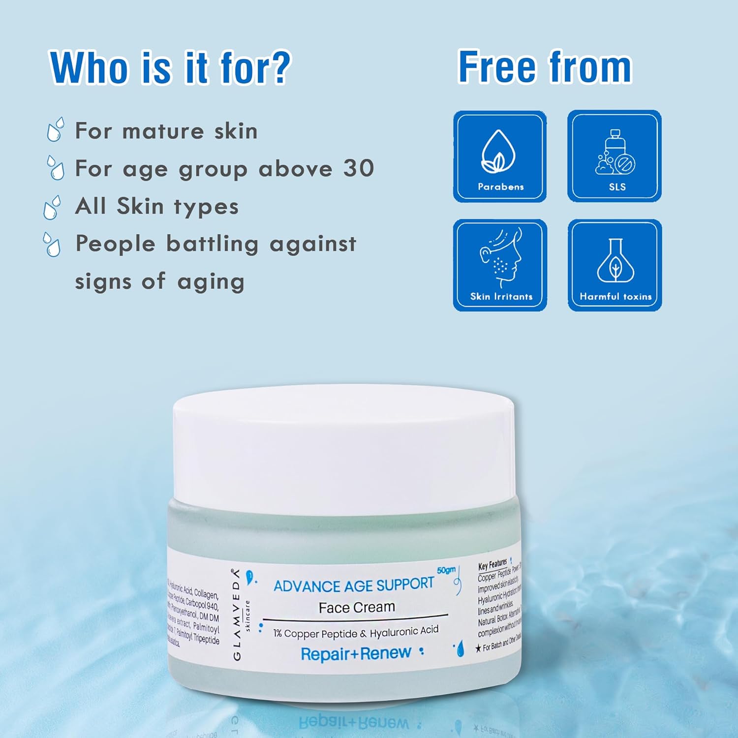 Glamveda 1% Copper Peptide & Hyaluronic Acid Moisturizer Cream- 50g | Reduces Fine Lines & Wrinkles Deep Moisturizing Face Cream | For Men & Women | All Skin Type