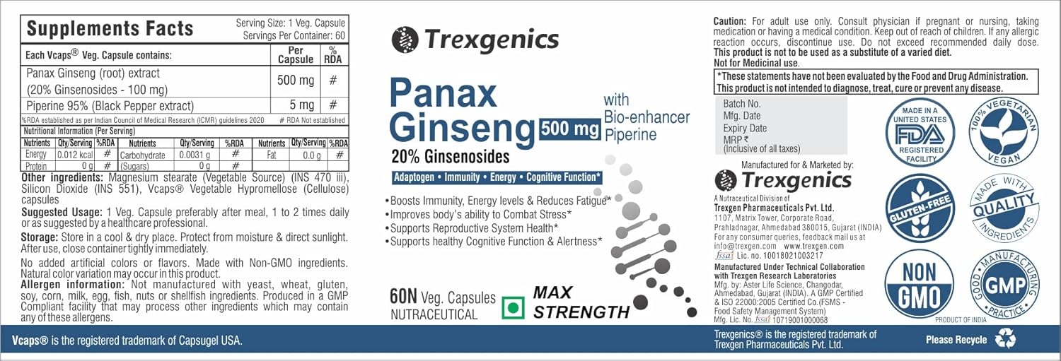 TrexgenicsÂ® PANAX (Red/Korean) GINSENG 20% Ginesenosides 500mg Premium with Bio-enhancer Piperine 5mg Adaptogen, Immunity, Energy, Cognitive Function(60 Veg capsules)