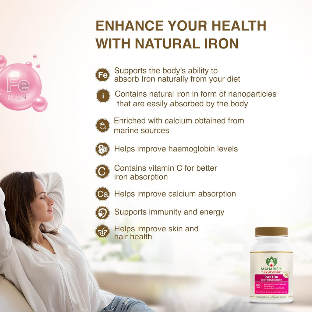 Maharishi Ayurveda Raktda Iron Management Tablets For Men&Women | Ayurvedic Iron Supplement With Vitamin C&Calcium | Maintains Haemoglobin Levels | Boosts Energy | Improves Skin&Hair Health | 60 Tablets