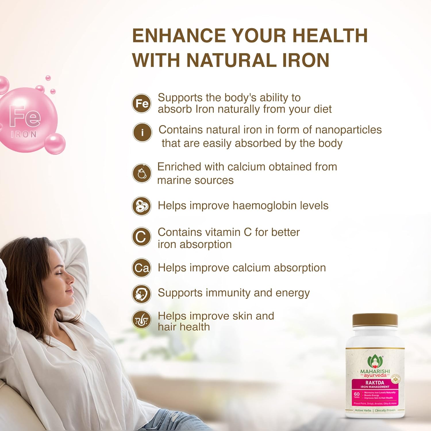 Maharishi Ayurveda Raktda Iron Management Tablets For Men&Women | Ayurvedic Iron Supplement With Vitamin C&Calcium | Maintains Haemoglobin Levels | Boosts Energy | Improves Skin&Hair Health | 60 Tablets