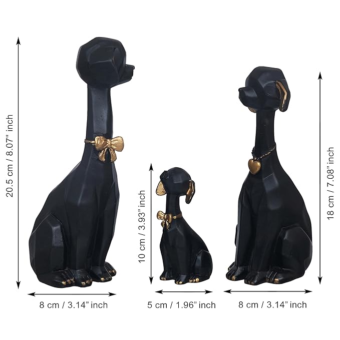 Ecraftindia Black Golden Set of 3 Cute Dog Statues Animal Figurines Decorative Showpieces