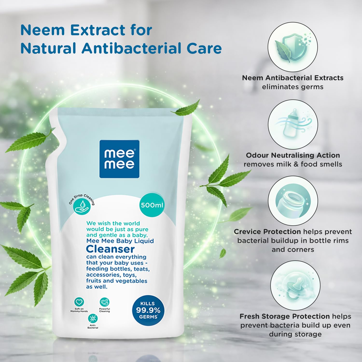 Mee Mee Liquid Cleanser 500 ml | Anti-Bacterial Formula Kills 99.9% Germs | For Bottles, Nipples, Accessories, Toys, Fruits & Vegetables | Alcohol-Free, One-Drop Cleaning, Dermatologically Tested