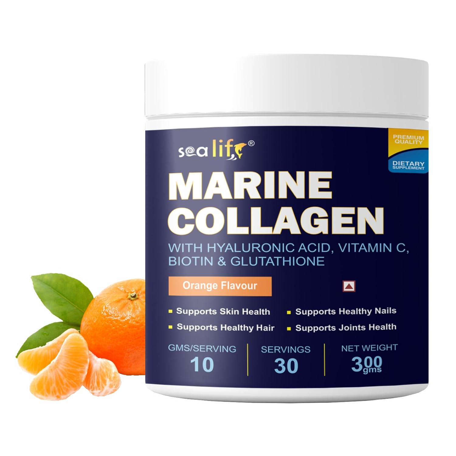 Sea life Marine Collagen Powder | Fish Collagen(300 GM) with Hyaluronic acid, Vitamin-C,Biotin & Glutathione for Hair, Nails, Skin, Muscle and Joints Health (Orange Flavour) Pack of-1