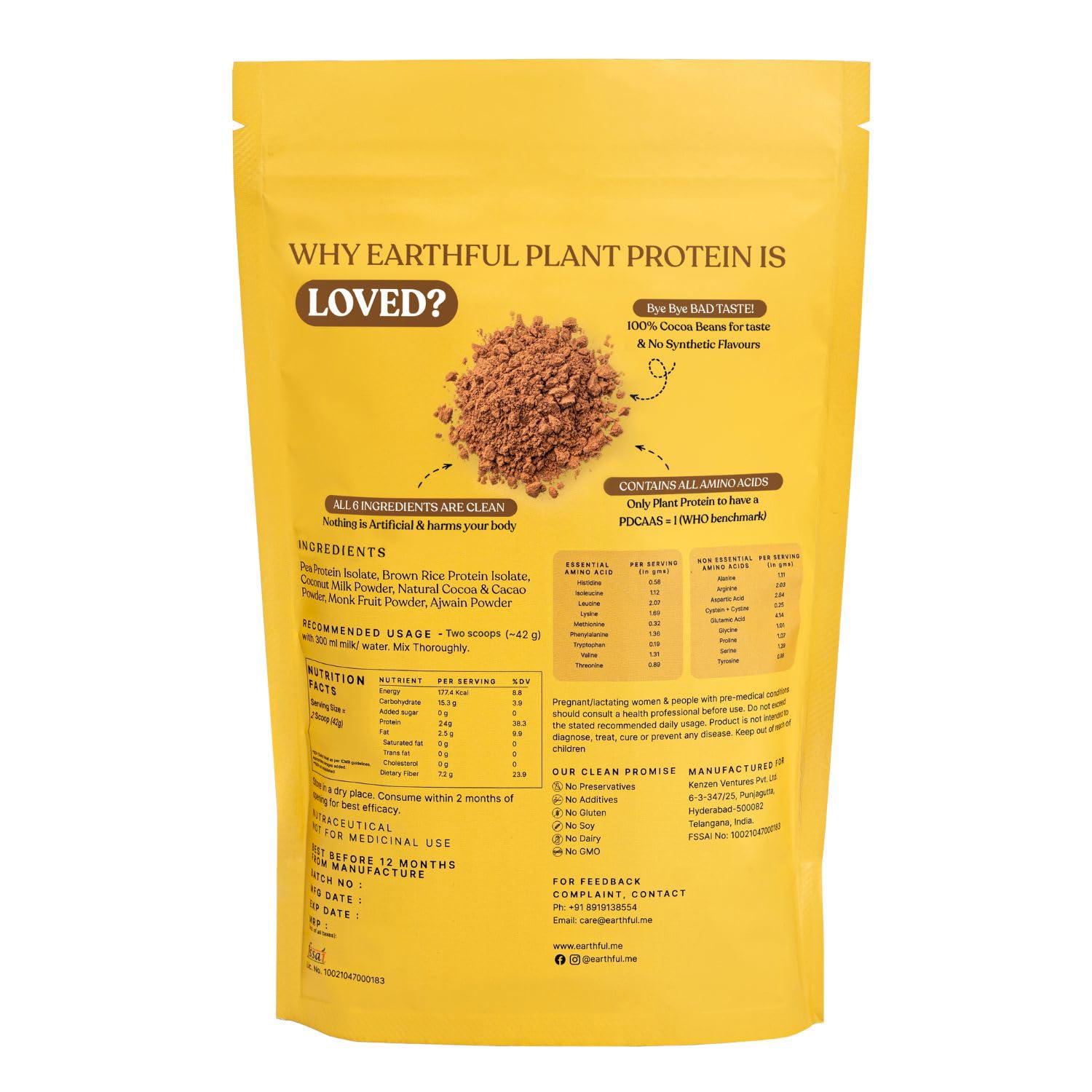 Earthful Honest Plant Protein | 24g Protein/Serving & 4.9g BCCAs | For Weight Management, Energy, Muscle Support & Recovery | Made with Pea & Brown Rice | Indonesian Cocoa - 504g