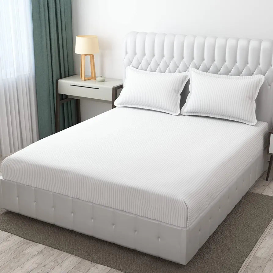 Fresh From Loom 300 TC Soft Skin Safe Breathable Queen Size Flat Striped Bedsheets Double Bedsheet Set with 2 Pillow Covers White