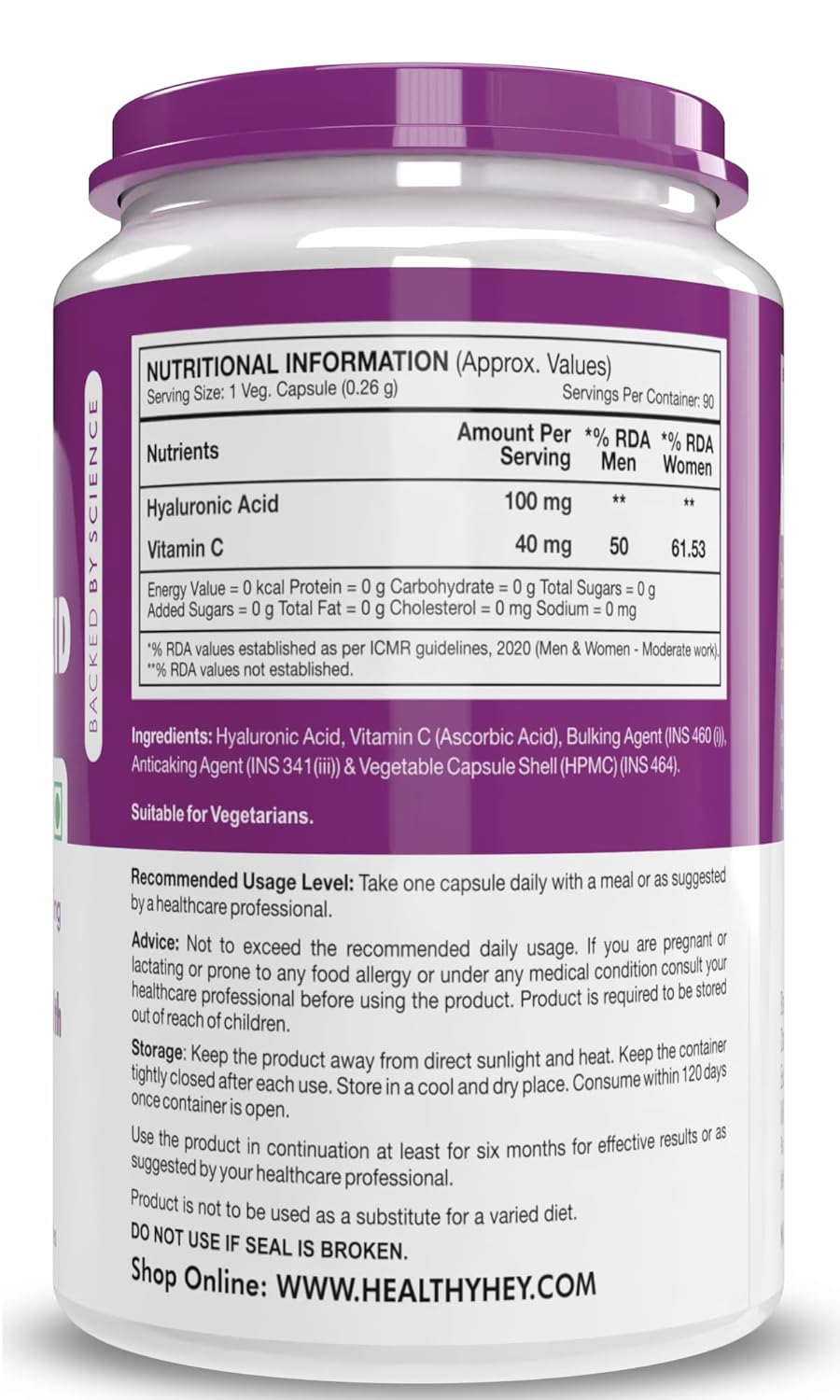 HealthyHey Nutrition Hyaluronic Acid 2X Plus Veg Capsules -90 Count