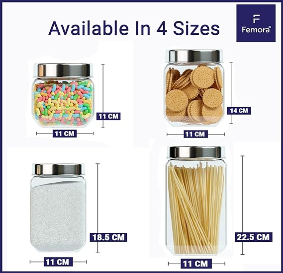 Femora Kitchen Storage Jars Transperent Glass With Steel Lid Air Tight Jar | 2000 Ml | Pack of 4