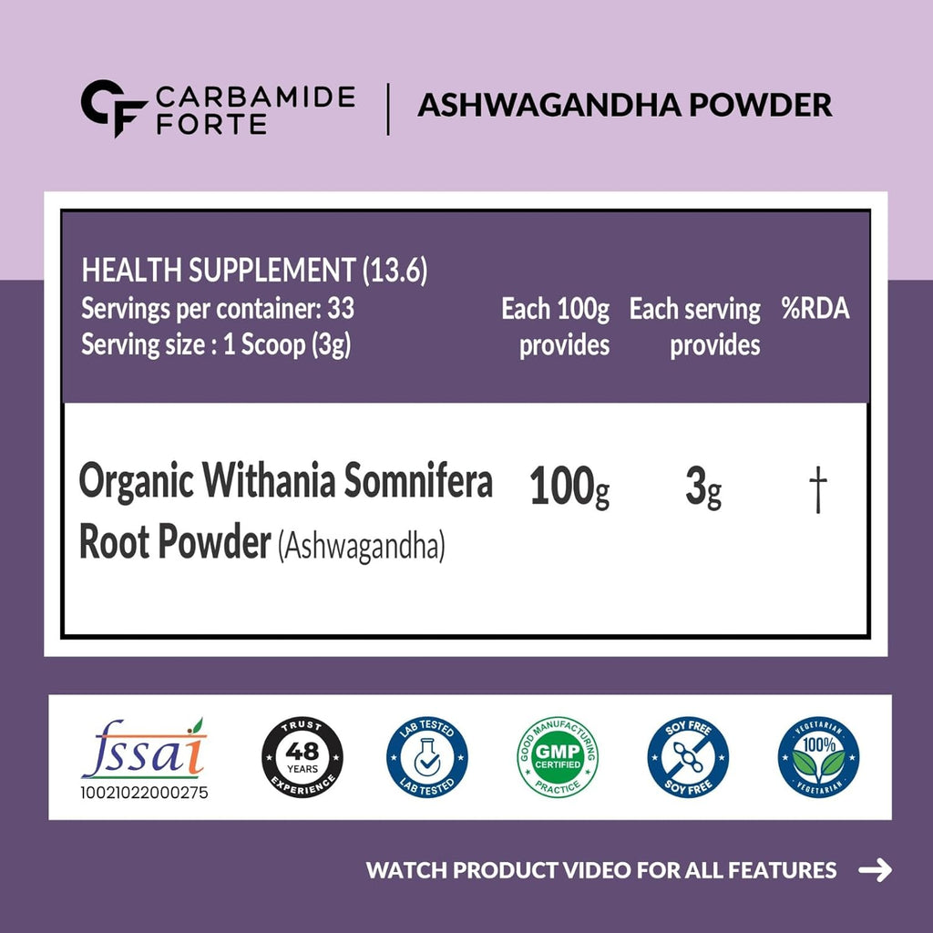 Carbamide Forte Organic Ashwagandha Powder 100g | Withania Somnifera | USDA Certified | May Support Energy, Strength, Stress Management & Muscle Recovery