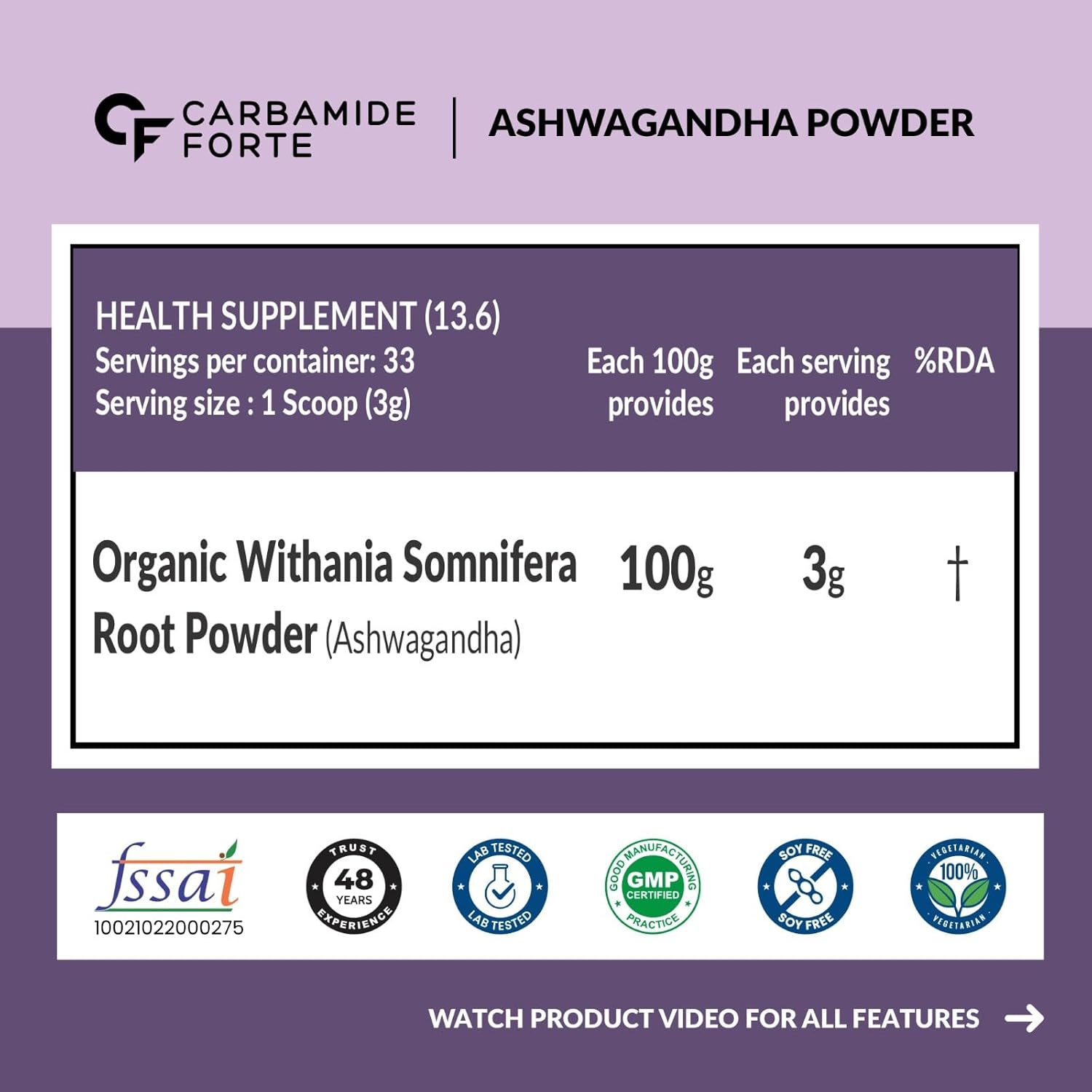 Carbamide Forte Organic Ashwagandha Powder 100g | Withania Somnifera | USDA Certified | May Support Energy, Strength, Stress Management & Muscle Recovery