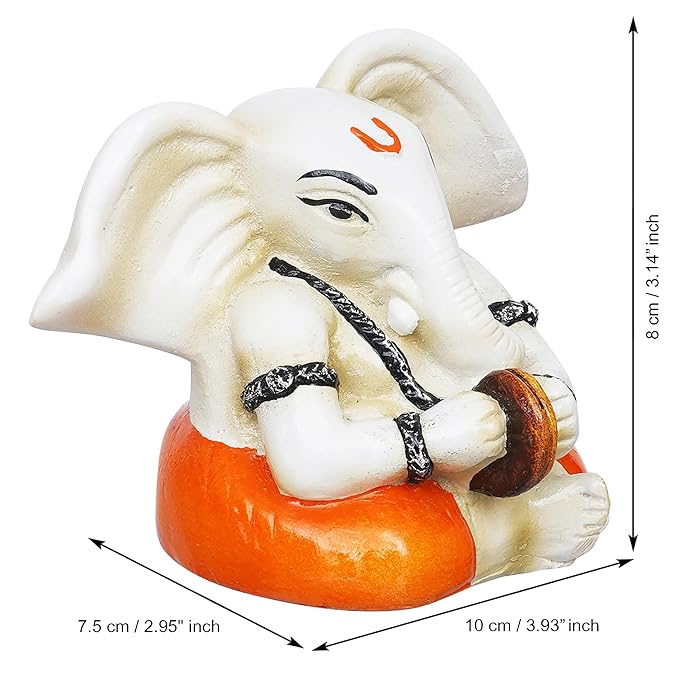 Ecraftindia White & Orange Polyresin Handcrafted Lord Ganesha Idol Playing Cymbals Musical Instrument | Decorative God Statue Ideal
