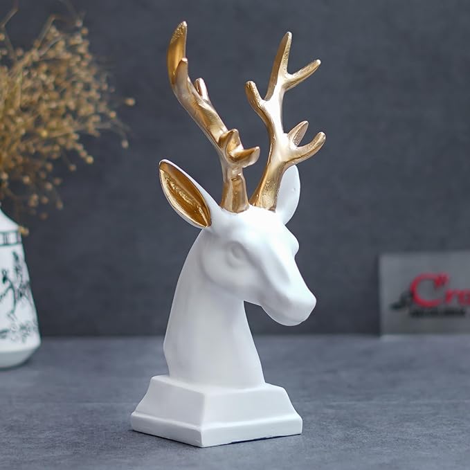 Ecraftindia White Polyresin Reindeer Head Statue With Golden Antlers Animal Showpiece