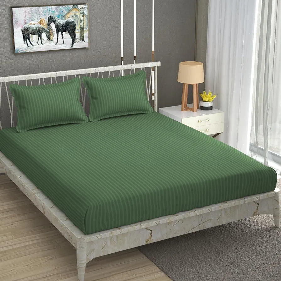 Homefab India 160 TC Stripe Glace Cotton Double BedSheet with 2 Pillow Covers Dark Green