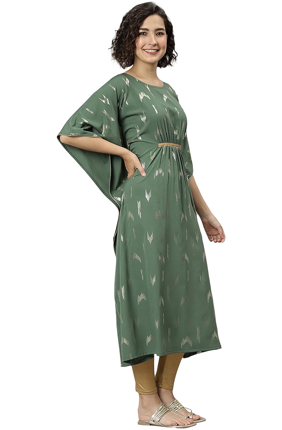 Janasya Women's Green Poly Crepe Geometric Print Kaftan Kurta