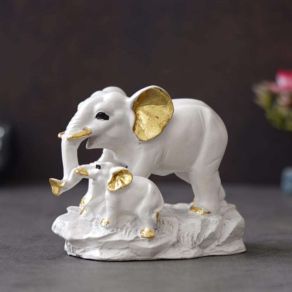 Ecraftindia White Golden Cute Elephant With Baby Elephant Statues Animal Figurines Decorative Showpieces