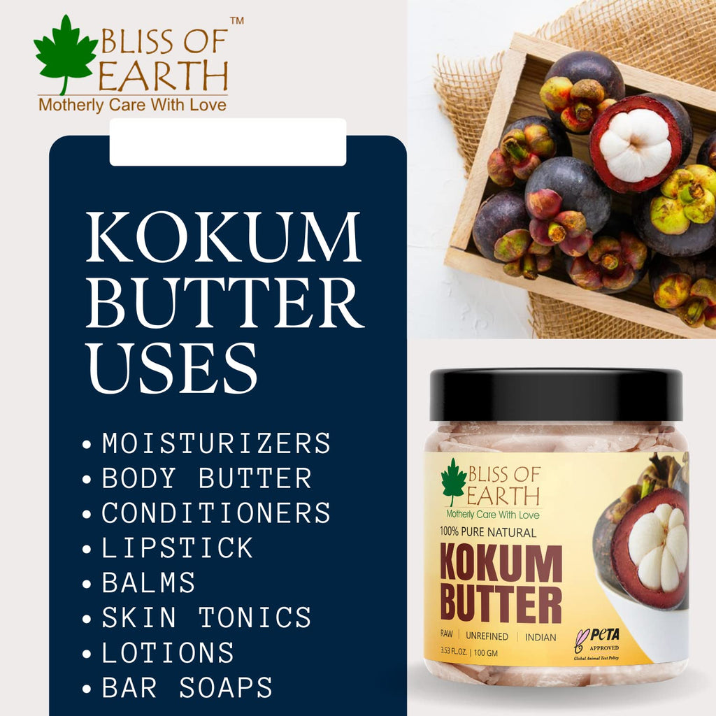 Bliss of earth 100% Pure Natural Kokum Butter Raw | Unrefined | Indian Great For Moisturized Skin,Nourishing Hair, Stretch Mark, DIY Product PETA Approved 100GM