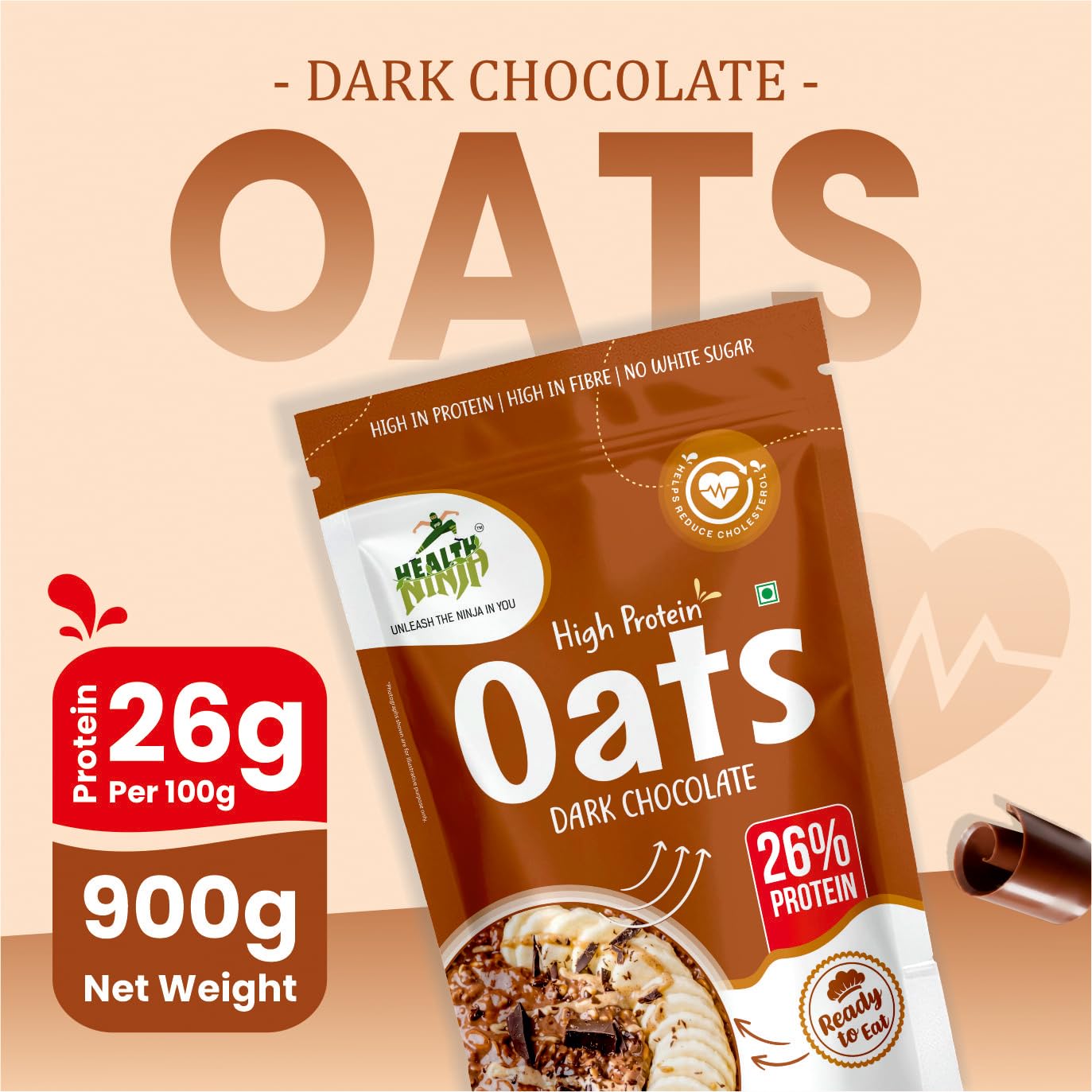 Health Ninja Dark Chocolate Oats | High Protein Breakfast Oats | Protein Oats 900 gm Pack