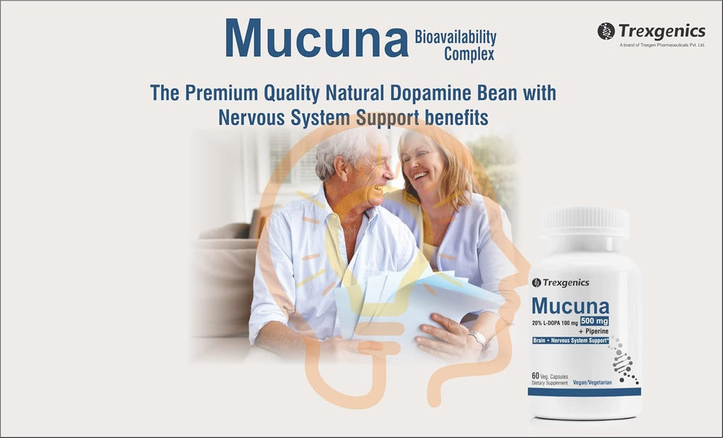 Trexgenics MUCUNA (20% L-Dopa) Pruriens (Kapikachhu) 500mg with Bio-enhancer Piperine 5mg Dopamine Booster Complex, Brain function, Nervous System (60 Vcaps) (1)