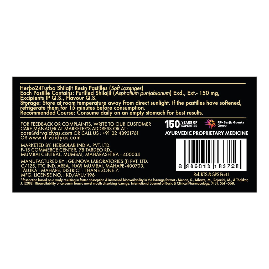 Dr. Vaidyaâ€™s Herbo24Turbo Shilajit Gummies Lozenges (Pastilles) | Helps Boost Performance | Helps Improve Strength, Stamina, and Energy Levels | Pure Himalayan Shilajit | No Added Sugar |30 Lozenges(Mint Flavour)(Pack of 1)