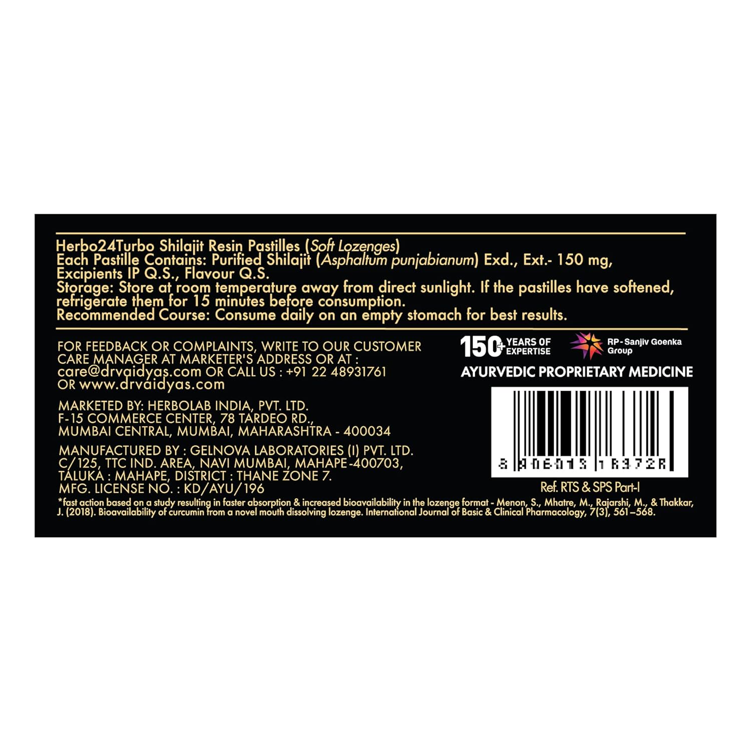 Dr. Vaidyaâ€™s Herbo24Turbo Shilajit Gummies Lozenges (Pastilles) | Helps Boost Performance | Helps Improve Strength, Stamina, and Energy Levels | Pure Himalayan Shilajit | No Added Sugar |30 Lozenges(Mint Flavour)(Pack of 1)