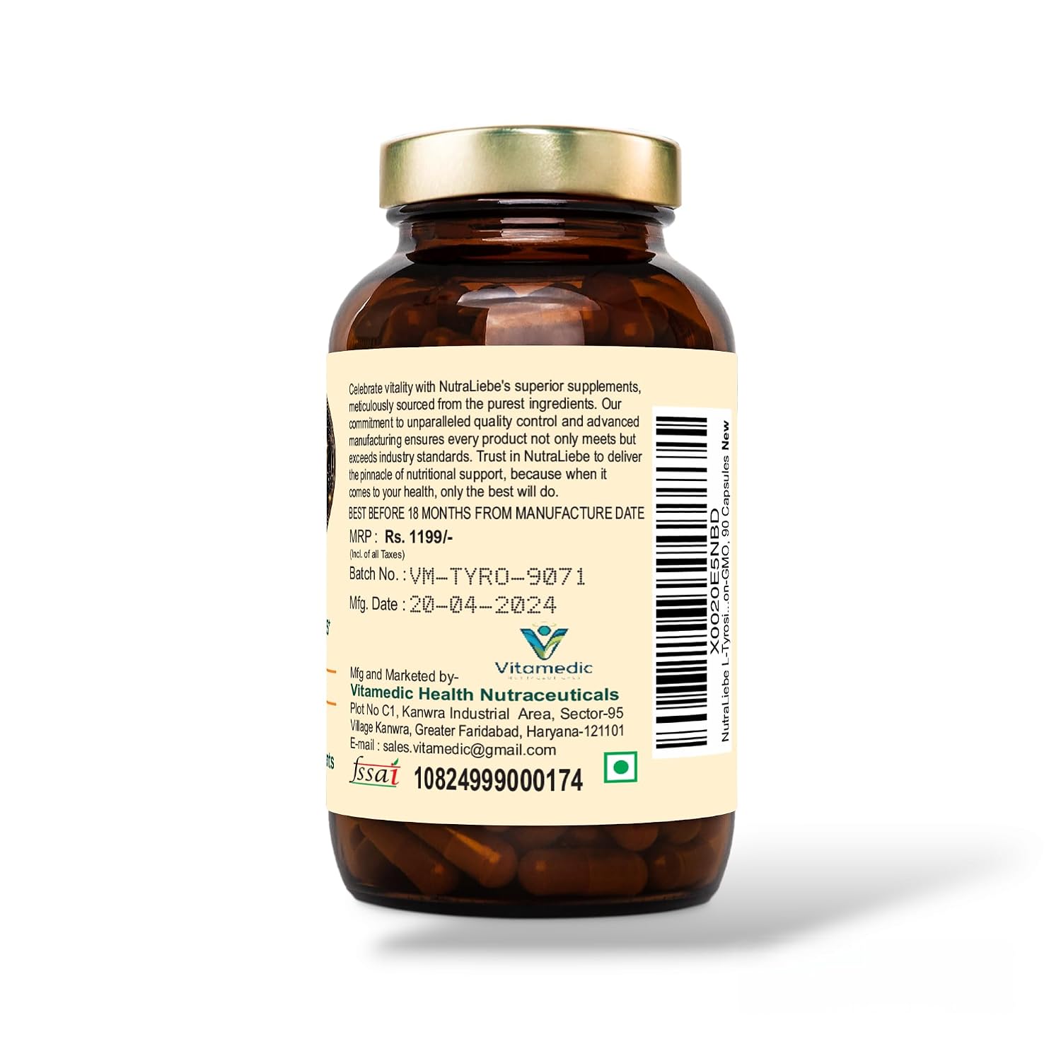 Nutraliebe L-Tyrosine 500mg - Free Form Amino Acid, Non-GMO, 90 Capsules