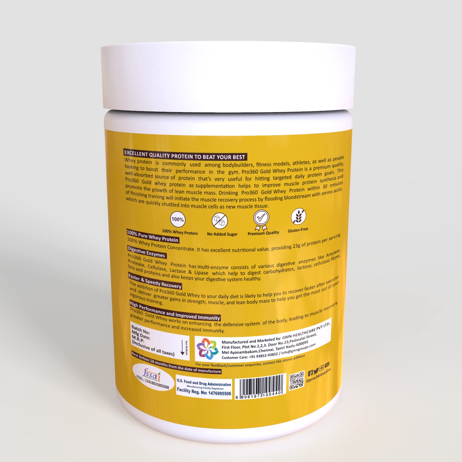 Pro360 Gold Whey Protein - Chocolate - (100% Whey Protein with Digestive Enzymes, 23g Protein, 5.97g BCAA, 4.7g Glutamic Acid per Serving) (400g pack)