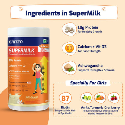 Gritzo SuperMilk Height+ (7-9y Girls), 10g Protein (Creamy Vanilla)