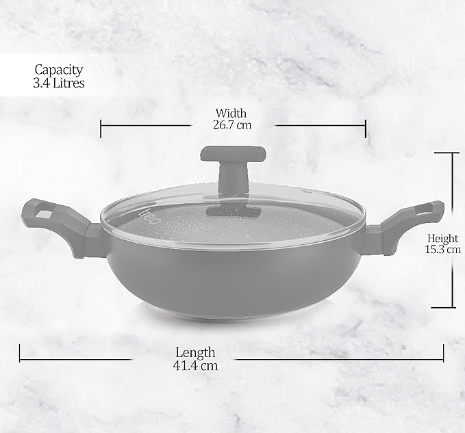 Milton Pro Cook Black Pearl Non-stick Kadai With Glass Lid & Handles, 26 Cm / 3.4 Litre - 1543 gms