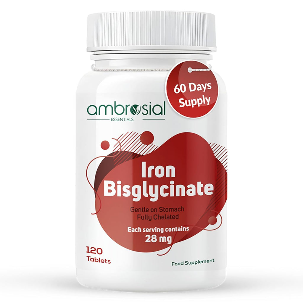Ambrosial Iron Bisglycinate 28mg High Strength Tablets | High Absorption Iron Supplement for Tiredness and Fatigue for Women and Men | Pack of 1-120 Veg Tablets