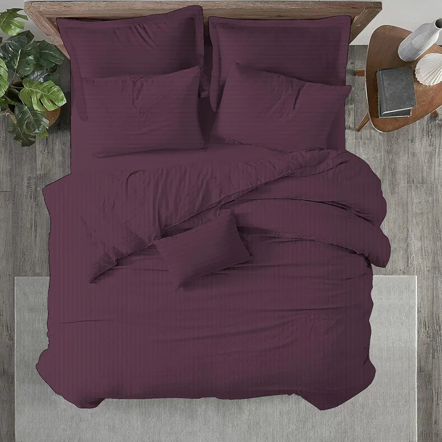 Trance Home Linen Zippered 100% Cotton 200TC Satin Stripe King Size Duvet Cover Quilt Cover Blanket Cover Razai Comforter Cover with 2 Pillow Covers Colour Deep Wine