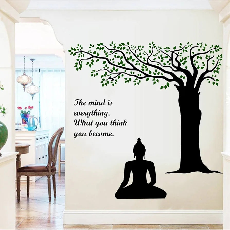Rawpockets Decals Lord Buddha Under Tree and Quote on Mind Extra Large Size Wall Sticker