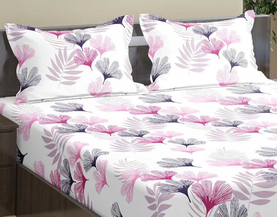 Trance Home Linen 100% Cotton 78"X60" Standard Queen Size Elastic Fitted Bedsheet Printed Queen Bed Size With 2 Pillow Covers 180 tc Colour Paradise Pink