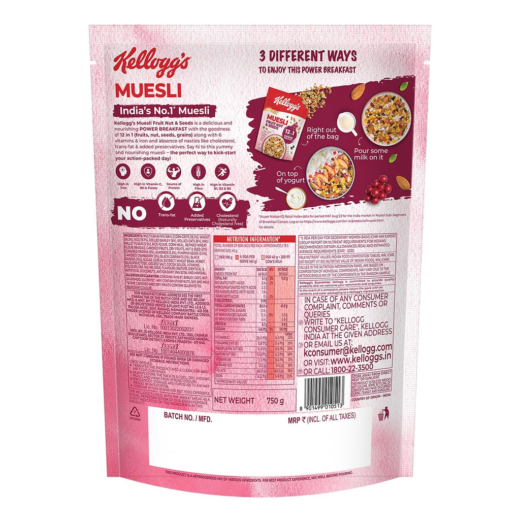 Kellogg's Muesli Fruit Nut & Seeds 750G | 12-In-1 Power Breakfast | USA'S No. 1 Muesli | Multigrain Breakfast Cereal