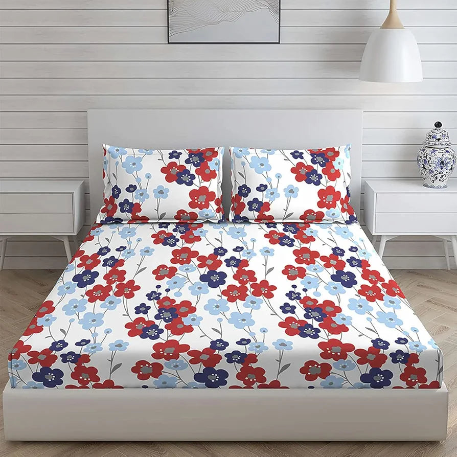 Layers California Cotton Bedsheet Set for All Seasons Lightweight 225 CVC King Size Maroon Blue Floral Pattern