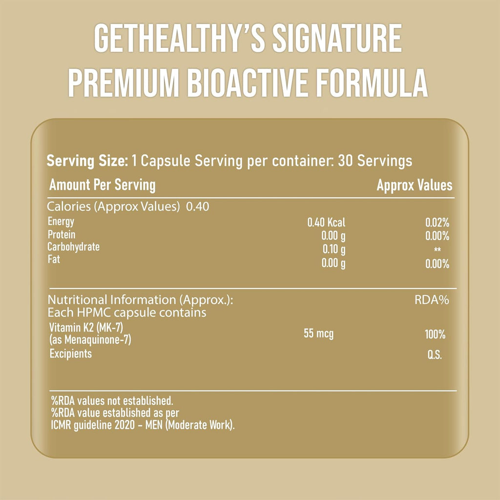 GetHealthyÂ® CalciBalanceâ„¢ Vitamin K2 MK7 55 mcg | All-Trans Menaquinone-7 | Daily Bone Wellness Support | Vegetarian Capsules | Made in India | 30 Count