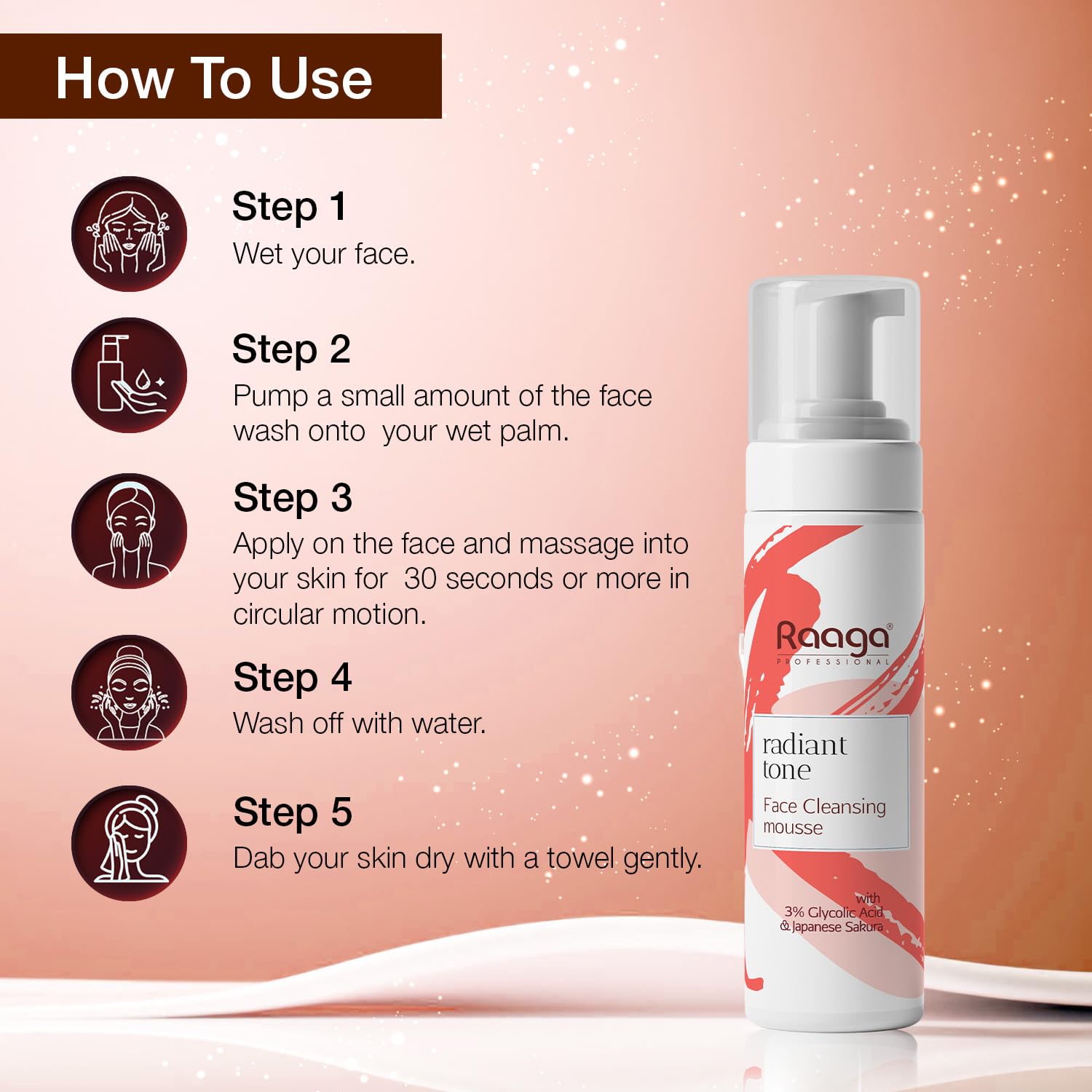 Raaga Professional Radiant Tone Face Cleansing Mousse with 3% Glycolic Acid and Japanese Sakura | Paraben Free, Sulphate Free, Dermatologically Tested (100 ml)