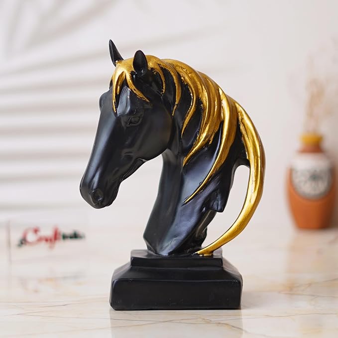 Ecraftindia Black Horse Head Statue With Golden Hair Animal Figurine Showpiece
