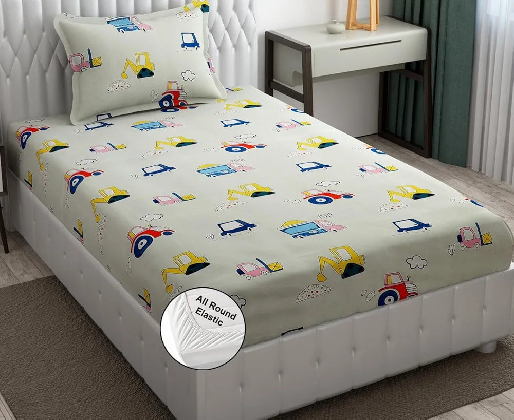 Fresh From Loom Glace Cotton 300 tc Elastic Fitted Bed Sheet With 1 Pillow Cover Cartoon Printed Cream Smallsingle