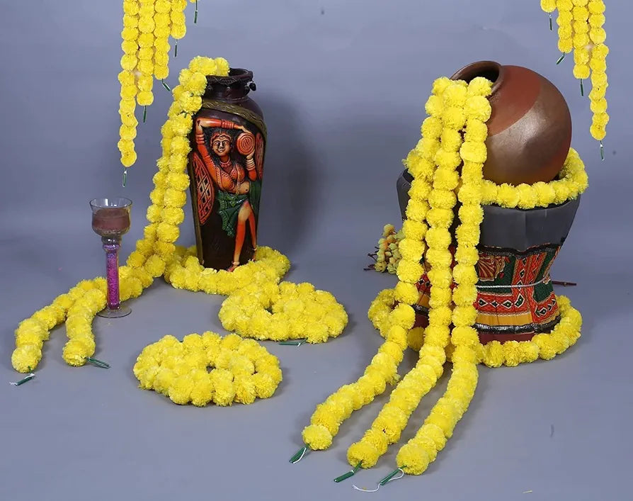 Artificial Marigold Garland Mala Flower Genda Phool Long for Decoration Yellow