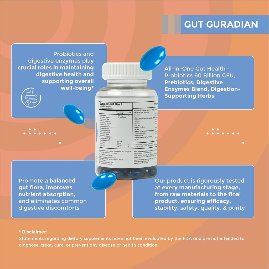 Briyo Gut Health Support â€“ 60 Billion CFU Probiotics with Prebiotics, Digestive Enzymes & Herbs | Gut Guardian Formula to Boost Good Gut Bacteria, Support Digestion & Immunity, and Relieve Bloating & Gas