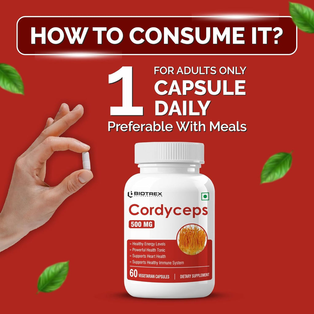 Biotrex Nutraceuticals Cordyceps 500mg | Endurance & Energy Booster | Supports Immune Function | Healthy Brain Function | Overall Wellbeing | 60 Veg Capsules