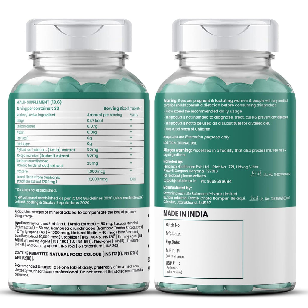 Herbalmax Biotin Tablets for Hair Growth | 10000 mcg Biotin Tablet with Sesbania Grandiflora Extract â€“ Hair Strength & Vitamin B7 Hair Care for Men & Women | 30 Veg Tablets