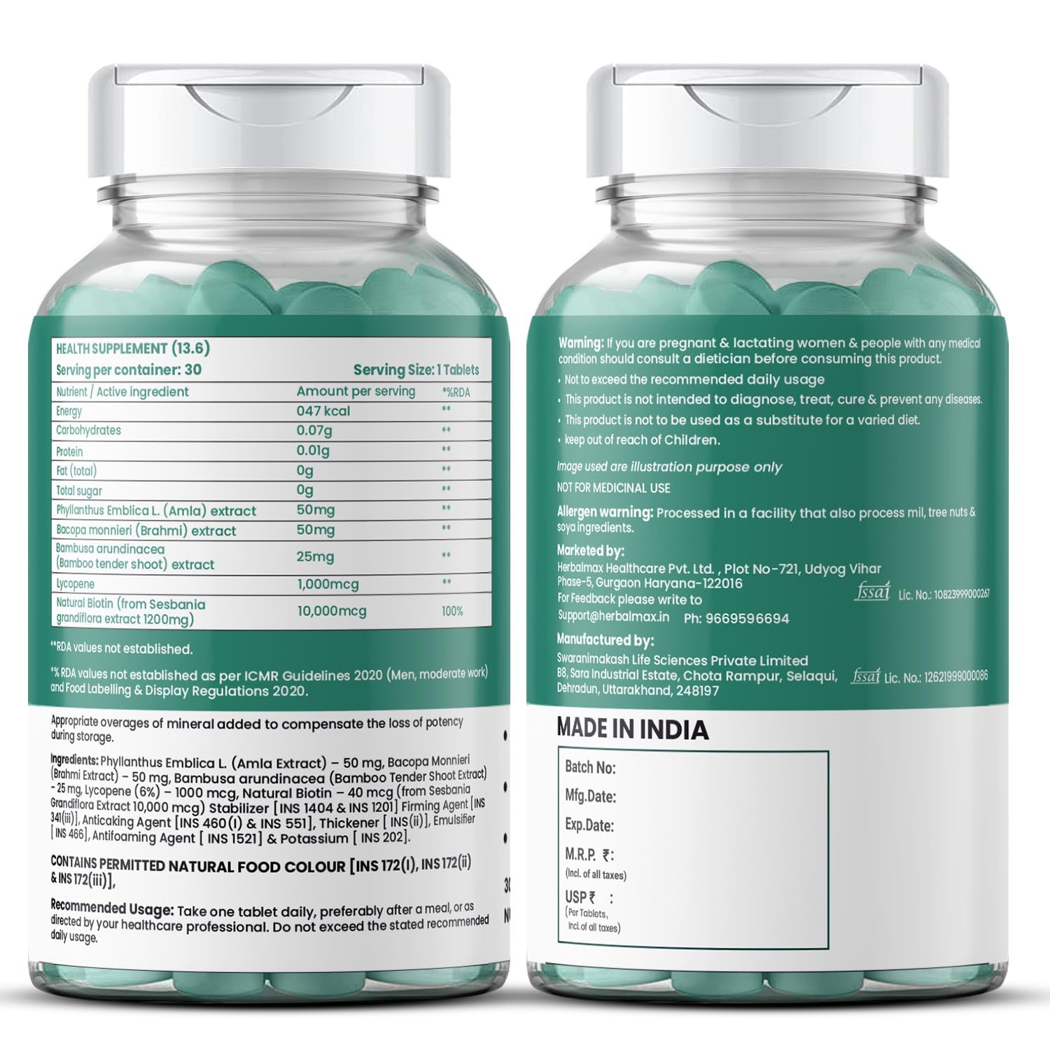 Herbalmax Biotin Tablets for Hair Growth | 10000 mcg Biotin Tablet with Sesbania Grandiflora Extract â€“ Hair Strength & Vitamin B7 Hair Care for Men & Women | 30 Veg Tablets