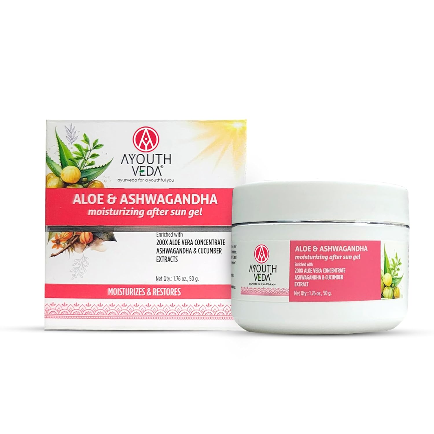 Ayouthveda Aloe & Ashwagandha Moisturizing After Sun Gel | Instant Cooling, Deep Hydration & Sun Recovery | With 200x Aloe Vera, Ashwagandha, Cucumber & Tomato Extracts | Lightweight, Non-Sticky | All Skin Types | 50g