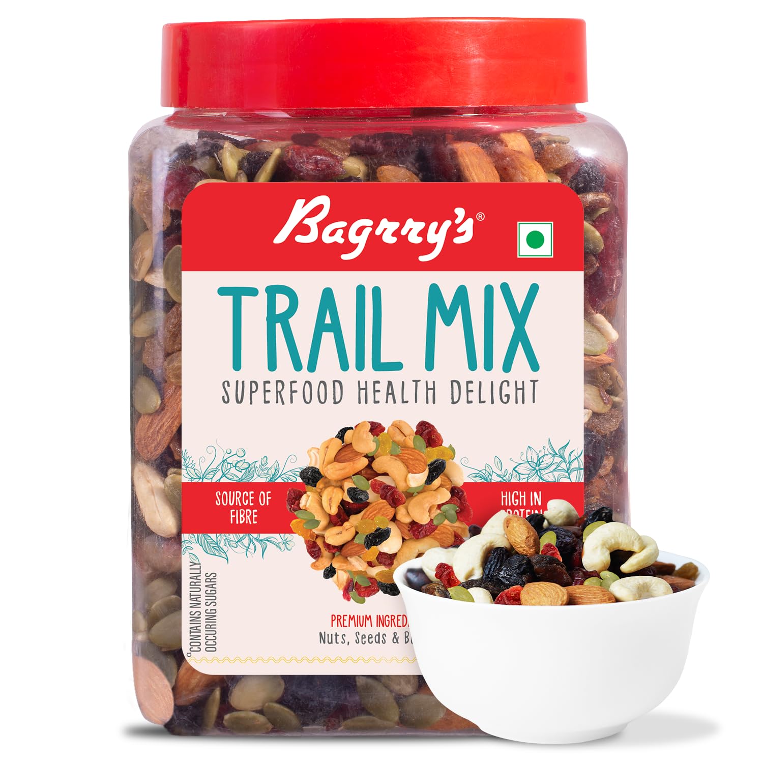 Bagrry’s Trail Mix 1kg | 7 in 1 Superfoods | California Almond | Cashews | Cranberries | Dates | Pumpkin Seeds | Green & Black Raisins | High Protein | Fibre-Rich | Oil-Free | Non-Salted| Dry fruit mix | Mix nuts | Resusable jar