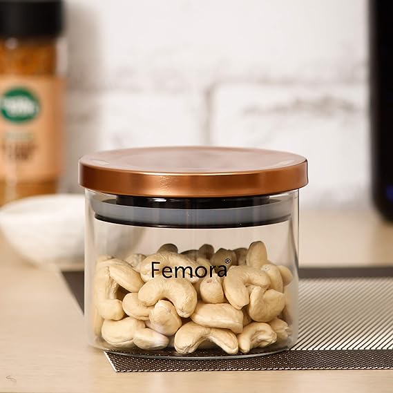 Femora Borosilicate Glass Jar With Golden Metallic Lid | Jars for Kitchen Storage | 300 Ml | Set of 2