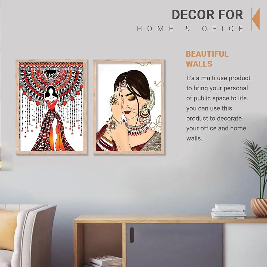 Kotart Indian Woman Digital Painting with Frame Traditional Painting Pack of 2