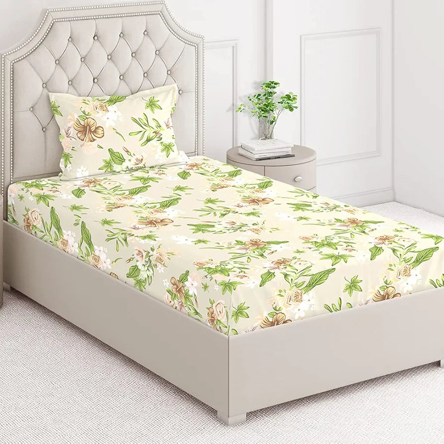 Layers Classic Cotton Bedsheet Set for All Seasons Lightweight 104 TC Single Size Beige Floral Pattern
