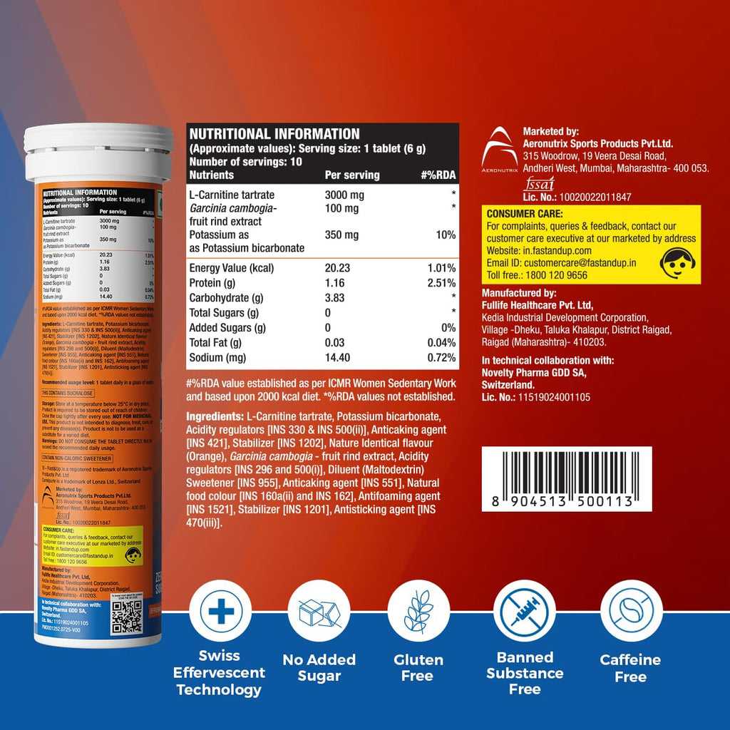 Fast&Up L Carnitine 3000mg Effervescent Tablets | Triple Action L Carnitine Supplement with Garcinia Cambogia & Potassium | Fat Burner for Weight Loss | Controls Cravings I Reduces Bloating I Orange Flavour (Pack of 1)