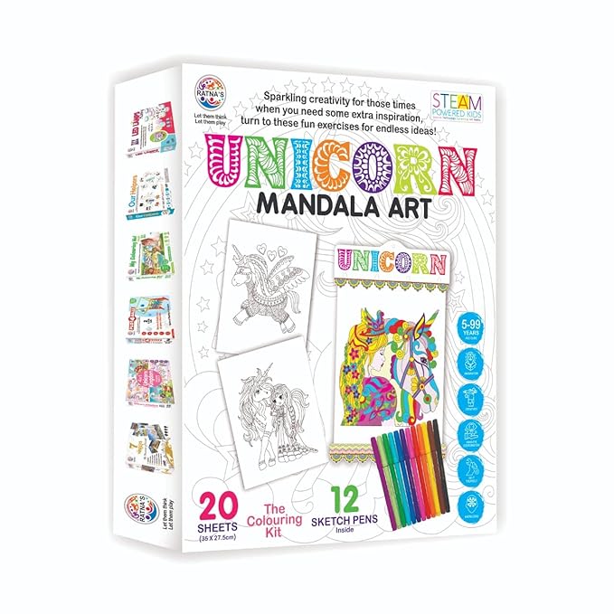 Ratna's Mandala Art Unicorn Colouring Kit | 20 Sheets With 12 Sketch Pens Inside | Creative Coloring Fun